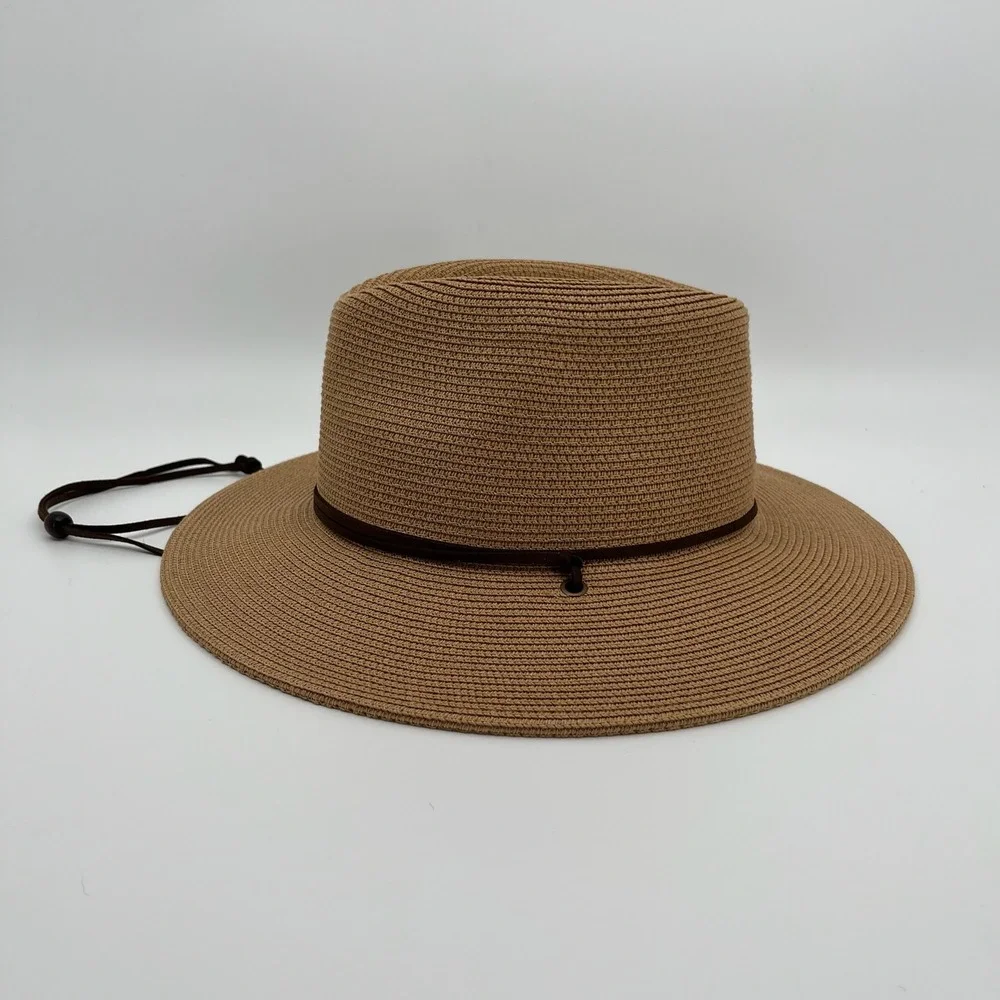 Summer Straw Sun Hat Womens Wide Brim Panama Fedora Beach Wind Lanyard UPF50+ - Picture 6 of 12
